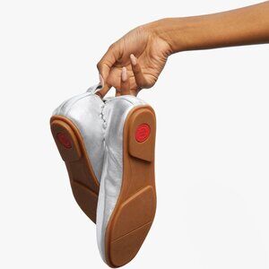 FitFlop 10 Women's Allegro Leather Ballet Flats Metallic Silver Shoes